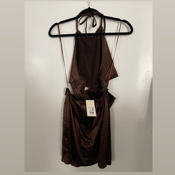 Brand New with Tags- Side Slit, Cut-Out Satin Halter Body Con Mini Dress- Brown - Picture 3 of 5